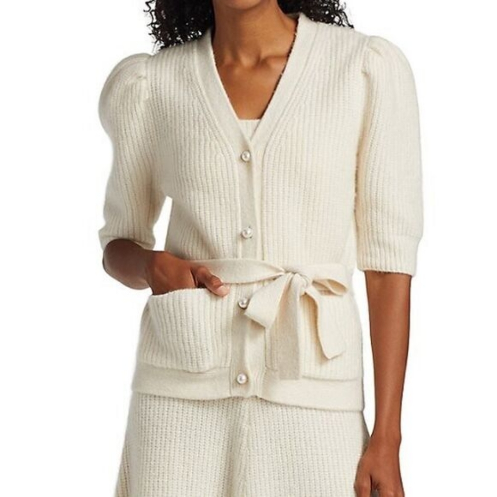 Adam Lippes Belted Embellished Ribbed Ivory Cardigan Size L